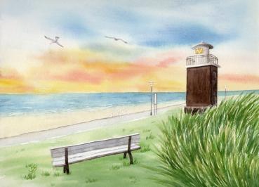 Postkarte DIN-A6 Aquarell Maritim Kunst Druck Kunstdruck Nordsee Föhr Leuchtturm Strandkorb Strand Meer